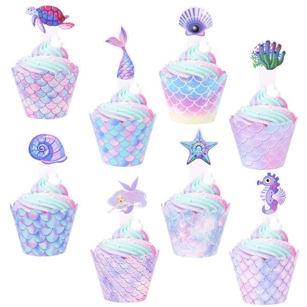 Opopark Meerjungfrau Tortendeko,48 Stück Mermaid Cake Toppers Kuchen Deko Kinder Frauen Geburtstag Deko für Cupcake Toppers Wrappers Meerjungfrau Thema Party Dekoration