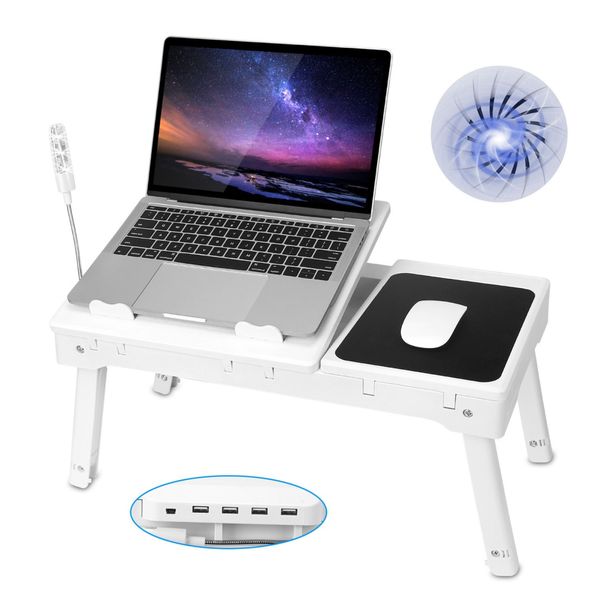 Foldable Laptop Table Bed Desk w/Cooling Fan Mouse Board LED 4 USB Ports Snacking Tray with Storage for Home Office - White