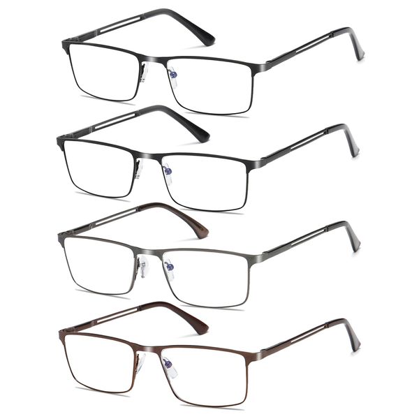 Fsread 4 Pack Blue Light Blocking Reading Glasses For Men with Spring Hinges Rectangular Reader Full Frame Ultralight Metal Frame +1.75