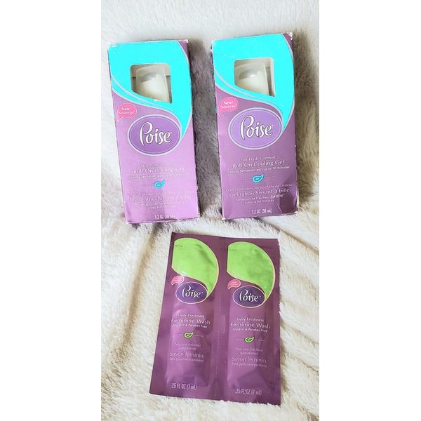 2x Poise Gel Hot Flash Comfort Roll-On Cooling Gel 1.2 oz & Feminine Wash