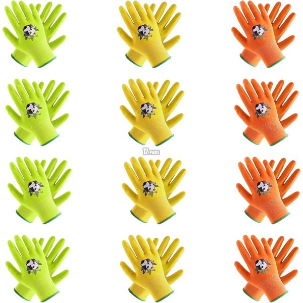 HANDLANDY Kids Gardening Gloves Bulk,Pack of 12 Pairs for Age 2-13, Latex Free Gloves-Size 6(age11-13),Green&Orange&Yellow