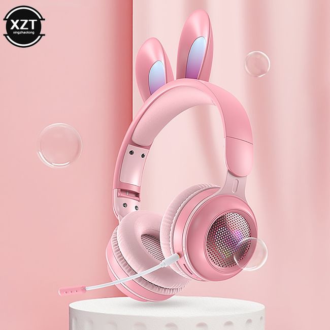 Wireless Earphones Rgb With Rabbit Ears Headset Mic Cute Girls Music  Bluetooth