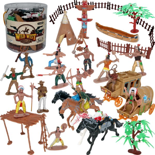 PowerTRC 58 Pcs Wild West Cowboys and Indians Plastic Figures Toys Play Set, Toy Figure Action Soldiers and Native American Accessories Figure Playset Birthday Gift