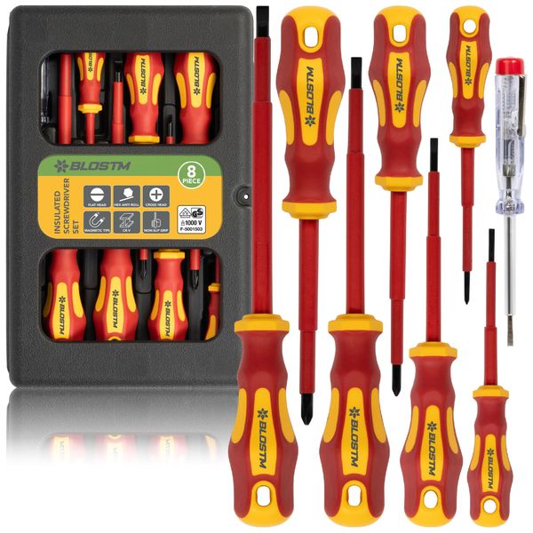 BLOSTM Insulated Screwdriver Set - 8pcs VDE Tested Electrical Screwdriver Set to 1000V, Hardened Black Point Magnetic Tipped Electricians Screwdriver Set with Anti-Roll Design - Storage Case Included