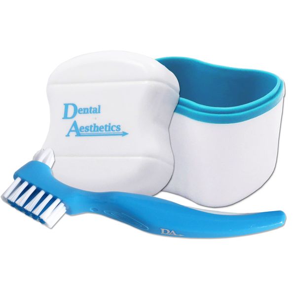 Denture Bath & Brush ~ Storage Container for Soaking Dentures, Brush with Double Bristle Head (Blue Bath, Blue Brush)