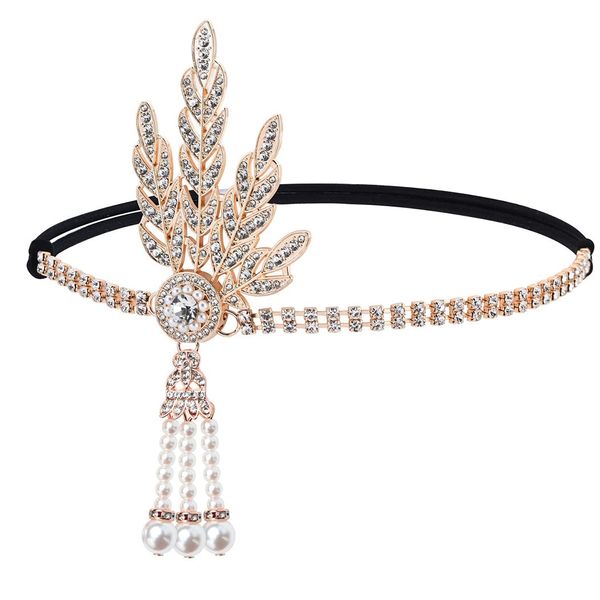 GORTIN 1920's Flapper Headband Leaf Rhiestones Gatsby Headpiece Pearl Tassel Bride Wedding Headdress Head Bands Bridal Flapper Hair Accessories Head Chain for Women and Girls (Gold)