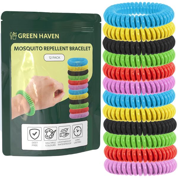 Green Haven Mosquito Repellent Bracelet – Pack of 12 Waterproof Insect Repellent Wristbands | Non-Toxic Deet-Free Outdoor Bug Mosquito Bands | Mosquito Repellent Bands for Baby Kids Adults