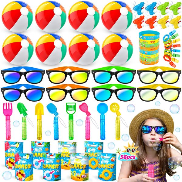 Pool Party Favors and Beach Party Favors, 56 PCS Summer Birthday Beach Pool Party Favors for Kids 3-5 4-8 Beach Balls, Kids Sunglasses Bulk, Bubble Wands, Beach Pool Toys for Kids Ages 3-4-8-10-12