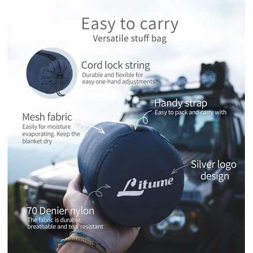 Litume Travel Camping Blanket Lightweight and Breathable, 67 x 48 in Soft Airplane Flight Blanket for Travelers, Foldable Sheet with Stuff Sack for Train, Camp, backapcking, Office, Home (E651 Grey)
