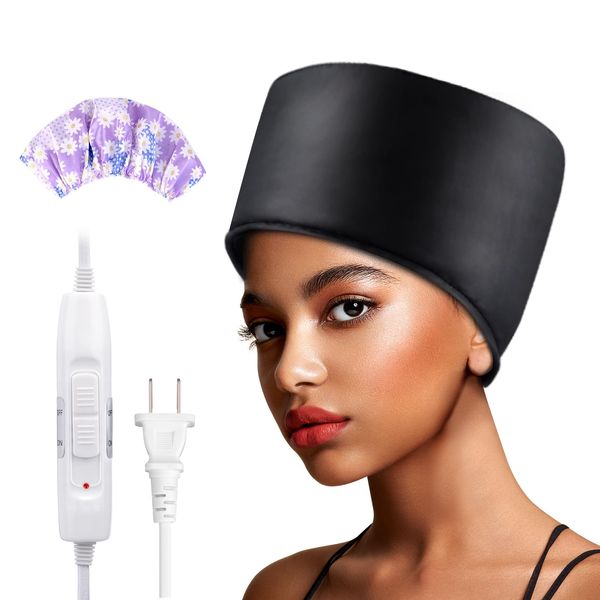 Heated Electric Thermal Steamer Cap for Natural Black Afro Hair - Hot Spa Treatment Hat with Temperature Control for Deep Conditioning at Home - Black