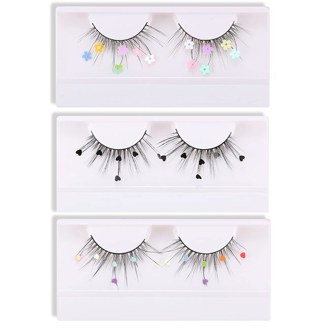 Skynest False Eyelashes, Dramatic Glitter Sequin Lashes with Colorful Heart/Black Heart/Colorful Flower Makeup DIY Lashes Decorative for New Year Christmas Halloweens Cosplay Party(3 Pairs)