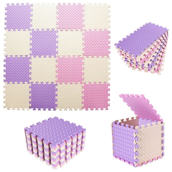 Tamiplay 16 Tiles Foam 0.4 Inch Thicked Interlocking Floor Mats with Solid Colors, Squares Baby Play Mat, EVA Foam Puzzle Foam Mats for Kids, Baby, Toddlers(Pink/Beige/Purple)