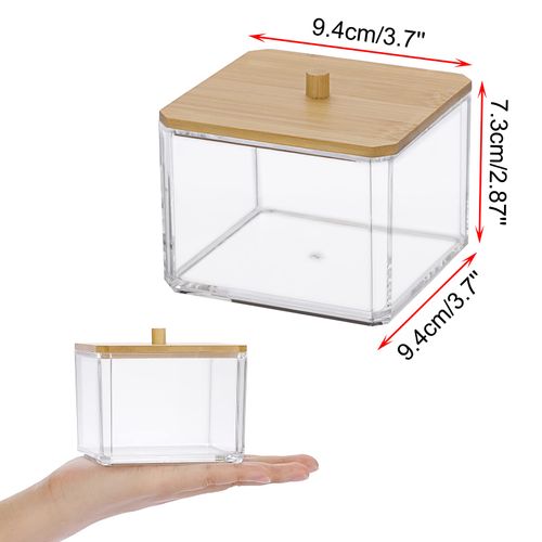 SUMTree Square Qtip Cotton Ball Holder Acrylic Qtip Dispenser with Bamboo Lid, Floss Swab Dispenser, Bathroom Storage Jar Canister, Plastic Apothecary Jar for Kitchen Bathroom Dressing Table