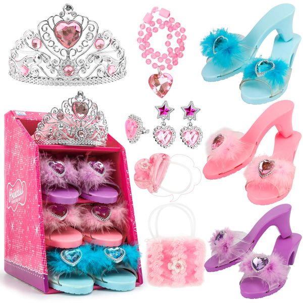 Jaolex Princess Toddler Dress Up Shoes Pretend Play Jewelry Toys Set 3 Pairs of Shoes with Tiara Earrings Necklaces Ring Role Play Shoes Set for Little Girls Aged 3-6 Years Old