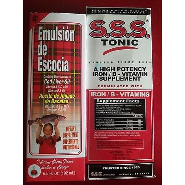 2 PACK S.S.S.TONIC IRON & EMULSION DE ESCOCIA W/ COD LIVER OIL & VITAMINS A &D