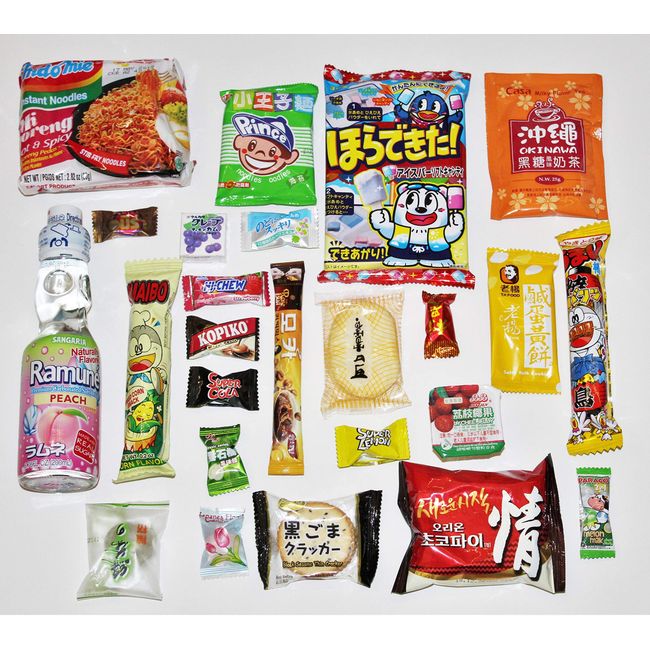 Mashi Box Asian Dagashi Snack Surprise Mystery Box 25 Pieces w/ 3 Full Size Items Including Drink Instant Noodle Assortment of Chinese Korean Japanes