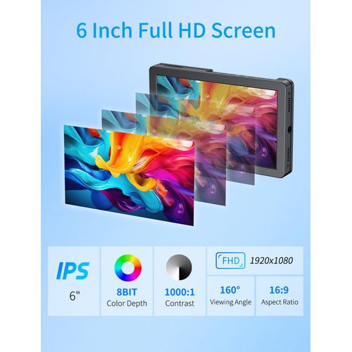 FEELWORLD T6 6 Inch Camera Field DSLR Video Monitor Aluminium Housing with F550 2200mAh Battery and Bag, Waveform LUT HDR 4K HDMI 1920x1080 IPS Lightweight for Vloggers Photographers Content Creators