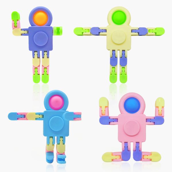 Cuackamily 4 PCS Fidget Toys, Space Man Transformable Spinning Toys, Finger Top Funny Pop Robot Hand Spinning Popper Toys Pack, Sensory Toy Stress Relief Gifts for Adults and Kids (Random Colour)