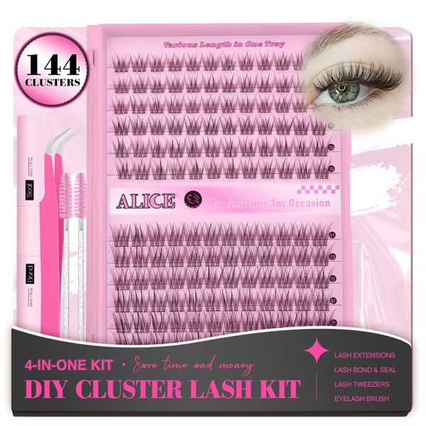 ALICE DIY Eyelash Extensions Kit 9-11MM Natural, Lash Clusters Kit 144Pcs Wispy Individual Lashes C Curl Lash Extensions, Lash Glue Bond and Seal Self Application for Lash Extension Beginner