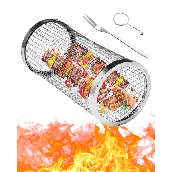 Audasi Rolling BBQ Basket, Stainless Steel Wire Rolling Grill Basket, Tumble Barbecue Grill Basket, Cylinder Mesh Grilling Barbecue Rack for Outdoor Camping and Picnic, BBQ Accessories Tool (1 Piece)