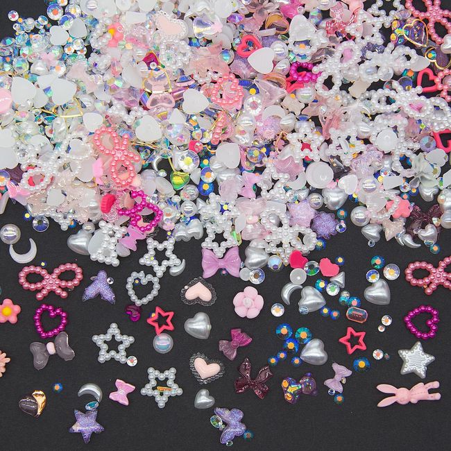 800Pcs 3D Pink Assorted White Pearls Nail Charms Heart Flower Butterfly Bow Nail Art Charms AB Resin Rhinestones for Manicure DIY Crafts Accessories