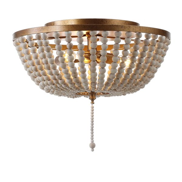 JONATHAN Y JYL9019A Allison 15" Wood Beaded/Metal LED Flush Mount, Contemporary, Transitional, for Bedroom, Livingroom, Office, Antiqued Gold