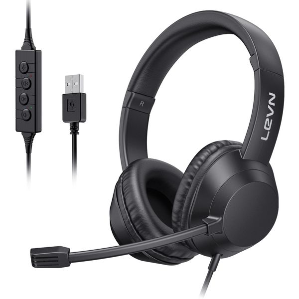 LEVN Headset with Mic, USB Headset with Microphone, Computer Headset with Noise Cancelling Microphone for Laptop PC, Mute in-line Controls, Wired Headset for Work from Home/Open Office/Call Cente