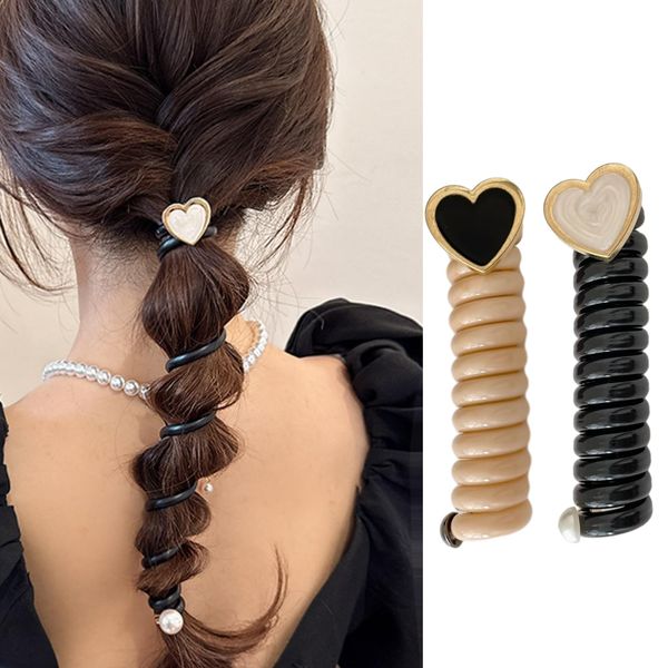 2 Pcs Spiral Hair Ties for Women Heart Braided Telephone Wire Hair Bands Ponytail Hair Ties Straight No Crease Elastic Coils Hair Scrunchies Phone Cord Hair Rope Hair Accessories