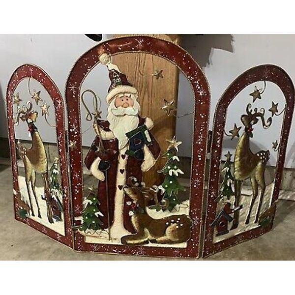 Christmas Vintage Trifold Large Fireplace Screen Santa with Renos 48”x30”