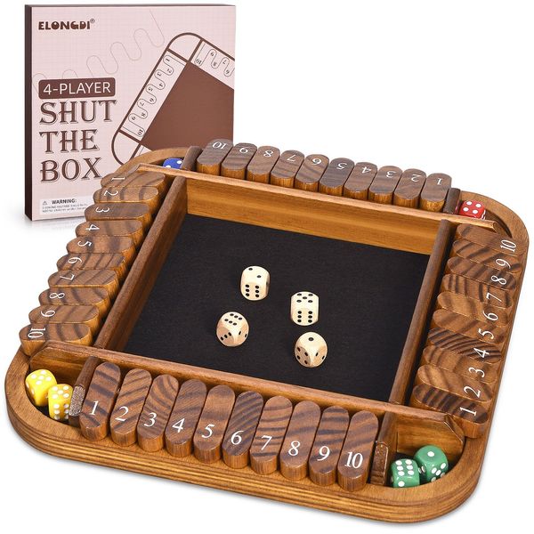 ELONGDI 1-4 Players Shut The Box Dice Game,12" Wooden Board Table Math Games with 12 Dice and Storage Bag for Kids Adults Classic Tabletop Version