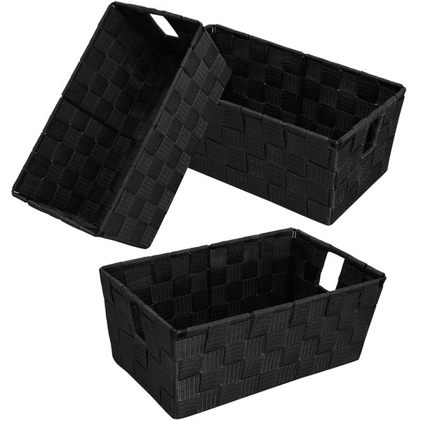 homyfort Woven Black Storage Baskets Shelf Tote Boxes Container, Durable Storage Organizer Bins with Built-in Handles for Bedroom, Office, Closet, Kids Room, Nursery, 3-Pack,11.4”x 6.5”x 4.5”