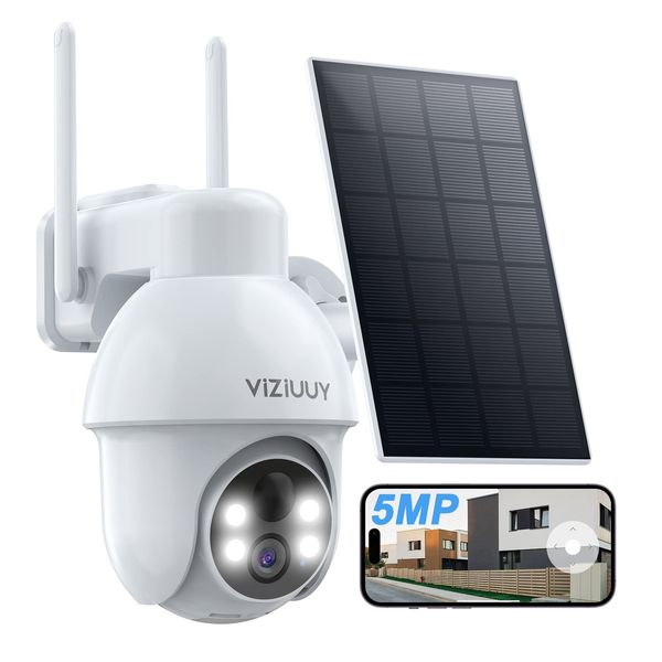 VIZIUUY 5MP Solar Security Camera Outdoor, Wireless Battery Powered Security Camera with 360°View, Pan and Tilt, Color Night Vision with Floodlight,PIR Human Detection,Compatible with Alexa