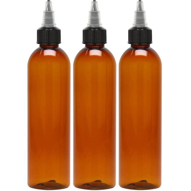 BRIGHTFROM Twist Top Applicator Bottles 8 OZ, Squeeze Empty Plastic Bottles, Black Nozzle, BPA-Free, PET, Refillable, Open/Close Nozzle - Multi Purpose (Amber) Pack of 3