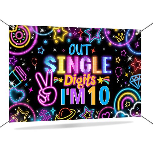 Mocsicka Happy 10th Birthday Banner Boys Girls Glow Peace Out Single Digits Backdrop Double Digits 10 Years Old Birthday Party Decorations Supplies 70.8 x 43.3 Inch