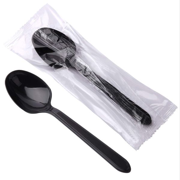 6" Individually Wrapped Plastic Spoons - 100 Black Disposable Packaged Spoons,Take Away Utensils for Party and Restaurant