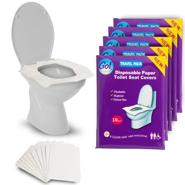 GoHygiene Flushable Paper Toilet Seat Covers, 5 Travel Packs (50 Covers), Each Pack contains 10 Paper Seat Covers, Hygienic, Disposable, Pocket Size, Use in Public Toilets