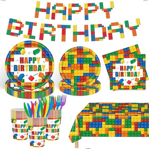 122PCS Building Block Party Supplies for Boys Girls Kids Birthday Party Blocks Bricks Themed Disposable Plates Napkins Knives Forks Banners Birthday Decorations Serves 20 Guests