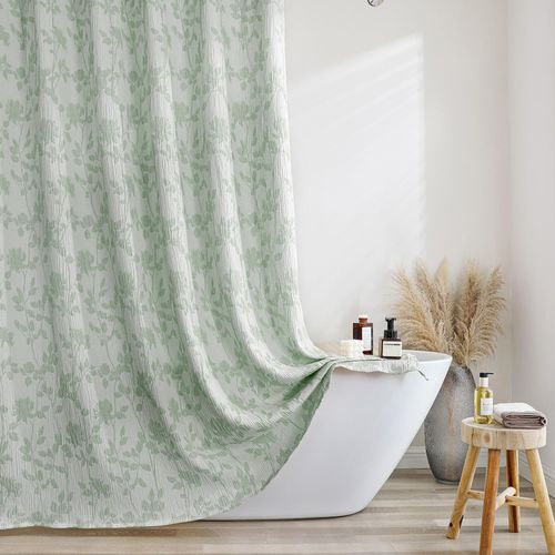 OVZME Sage Green Floral Shower Curtain 72 Inch Length, Farmhouse Textured Crinkled Soft Bathroom Shower Curtain, Premium Fabric Machine Washable Cute Bath Decor, Sage Green, 72Wx72L Inches