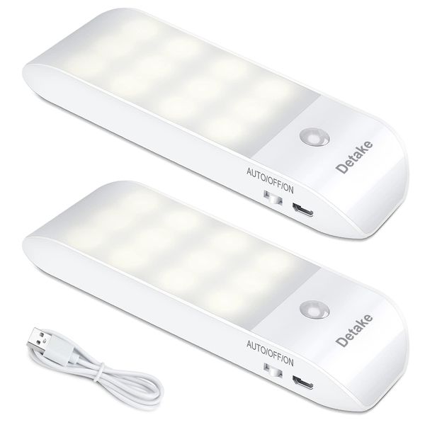 Motion Sensor Lights Indoor, 2 Pack USB Rechargeable LED Night Light with 3 Modes (AUTO/ON/OFF), Stick-On Cupboard Light with Magnetic Strips for Wardrobe, Bedroom, Stair, Cabinet, Kitchen, Hallway