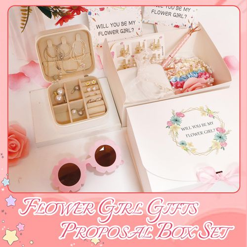 28PCS Flower Girl Proposal Box Set of 2,Will You Be My Flower Girls Gift Box,Flower Girl Headpiece Wedding Headband Jewelry Box Hair Accessories Flower Sunglasses Diamond Pen Satin Scunchies
