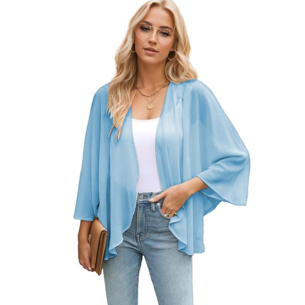 Famulily Ladies Chiffon Kimono Cardigans Summer Sheer Shrugs Top Half Sleeve Open Front Beach Cover up (L,Blue)