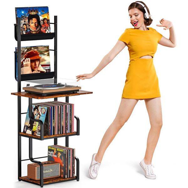 Record Player Stand with Vinyl Storage, Tall Record Player Table with Rack Turnt