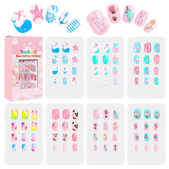 YINYUE 84 Pcs 7 Days Cute Design Nail Tips for Kids Fake Nails Set Manicure DIY