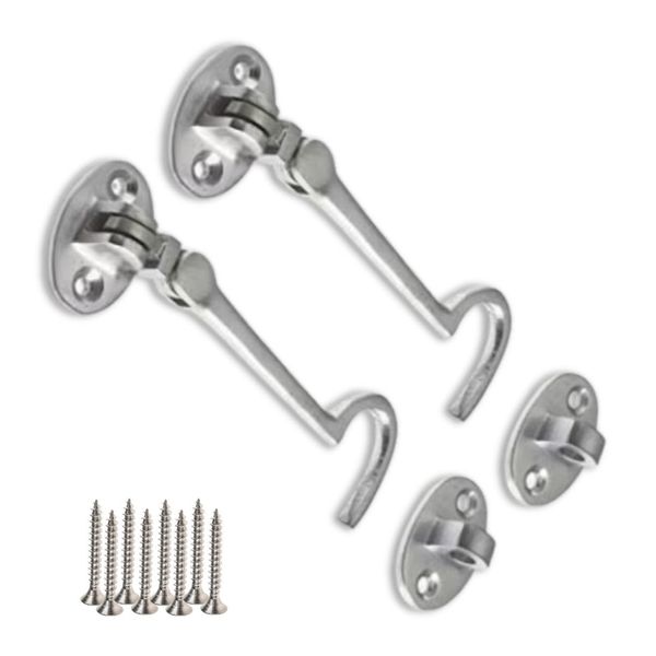 S & S International Solid Brass (Pack of 2) Cabin Hook, Satin Chrome Brass, 6" Cabin Hook Eye Latch for Internal and External Doors, Windows, Garden Gate Latch