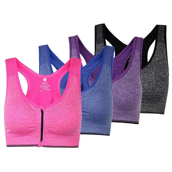 ohlyah Women's Zipper Front Closure Sports Bra Racerback Yoga Bras (XXL 40C 40D 42B 42C, 4 Pack: Pink Blue Grey Purple)