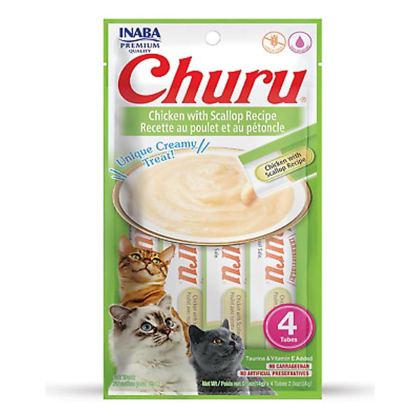 Churu Lickable Purée Natural Cat Treats (Chicken with Scallop Recipe, 4 Tubes)