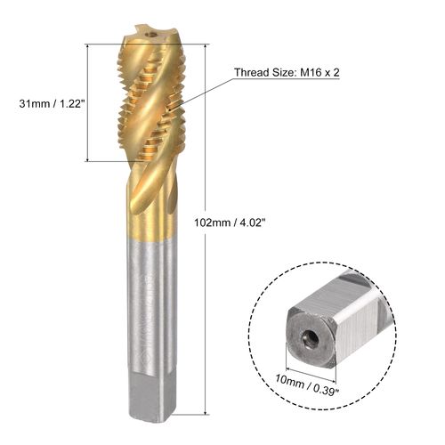 uxcell Helical Flute Threading Tap, M16 x 2 Metric, HSS (High Speed Steel), Titanium Plated, Machine Screw Tap, 4 Flute Tapping Tool, H2 Tolerance