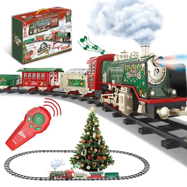 JUQU Train Set, Christmas Train with Remote Control Train Toys w/Smoke, Whistle & Lights, Christmas Train Sets for Around the Tree, Toy Train Sets for Boys, Model Trains Gifts for Age 3 4 5 6 7 8+Kids