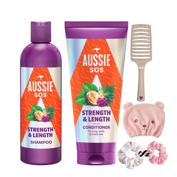 Hair Shampoo & Conditioner Set for Dry Damaged Hair Includes 1 x detangling Brush 2 x Scrunchies 1 x Hair Drying Cap & Aussie SOS Strength & Length Shampoo 300ml & Conditioner 200ml Set.