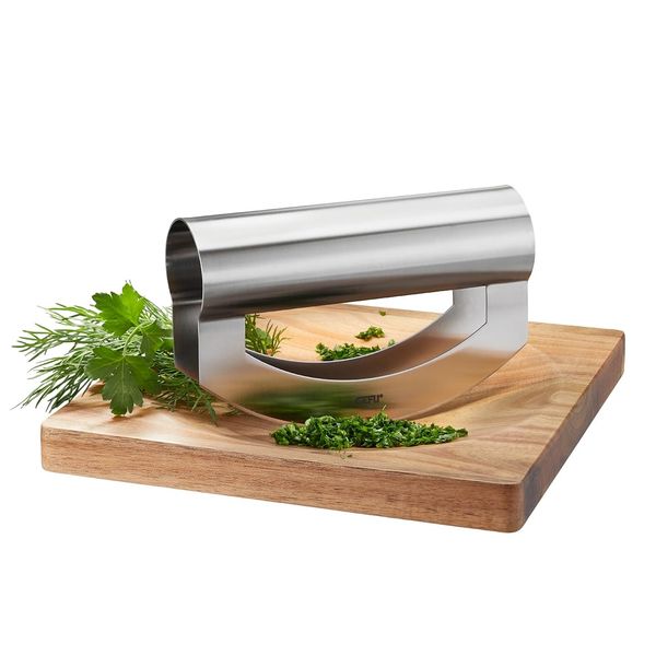 GEFU Viavo Weighing Knife Set with Double Blade and Acacia Wood Board, Ergonomic Herb Knife and Matching Chopping Board, Dishwasher Safe